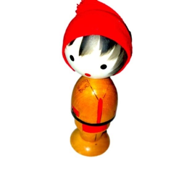 Vintage Wood Wobble Head Doll 4” Tall Plastic Head Painted Face Fabric - Picture 1 of 7